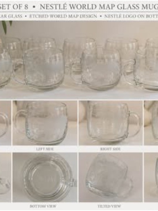 Nestlé World Map Glass Mugs Set of 8 Etched Clear Glass Coffee Cups